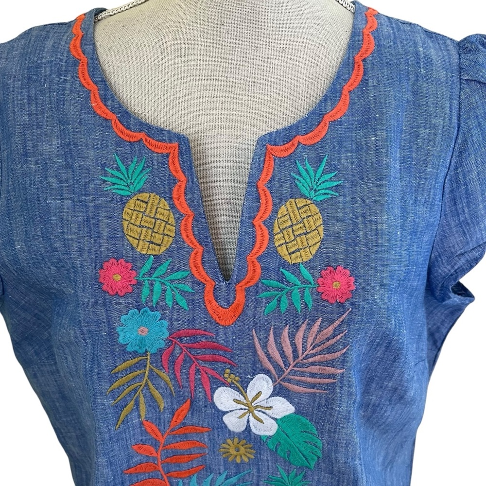 Talbots Blue Chambray Linen/Cotton Split Neck Tro… - image 4